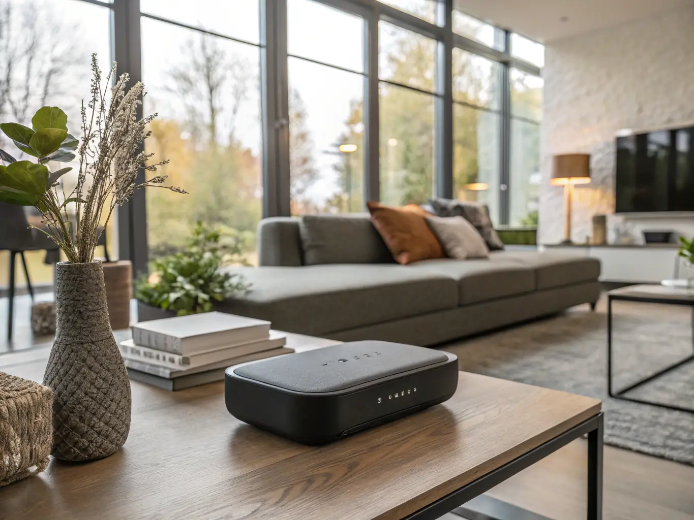 A high-resolution image showcasing the new 'SmartHome Hub' product, highlighting its sleek design and user-friendly interface in a modern living room setting.