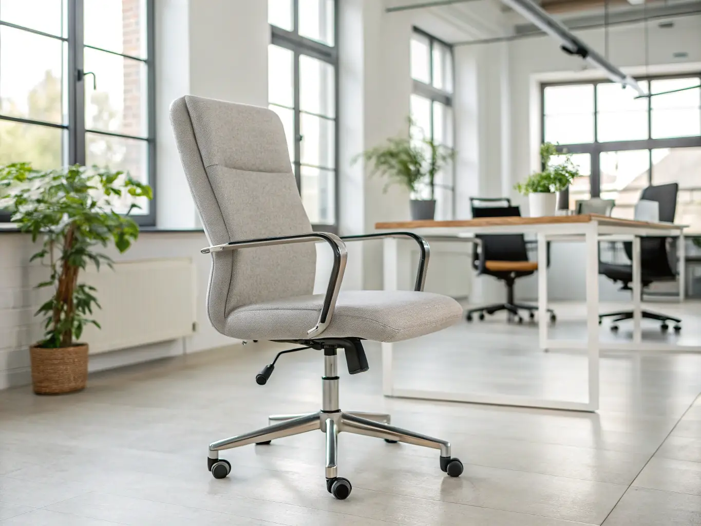A detailed close-up shot of the 'ErgoComfort Office Chair', emphasizing its ergonomic features, adjustable settings, and breathable mesh back in a contemporary office environment.