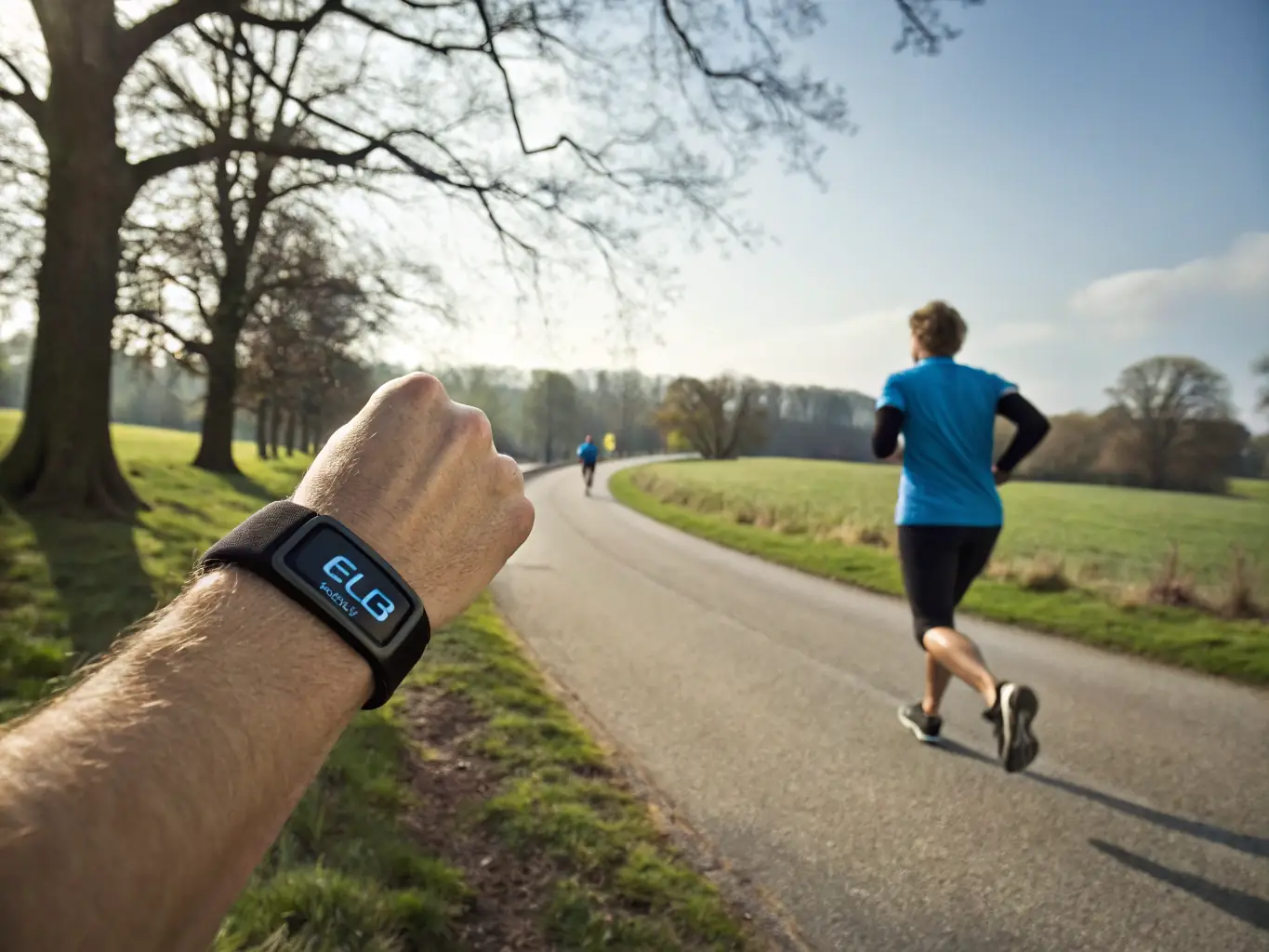 An action shot of the 'AquaPulse Fitness Tracker' being used during a morning jog, showcasing its vibrant display, heart rate monitoring, and stylish design.